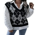 thumbnail image 2 of FNNMNNR Women Casual Sleeveless Argyle Printed V-Neck Oversize Sweater Vest Y2K 90s Color Block Knit Pullover Tops Red S, 2 of 7