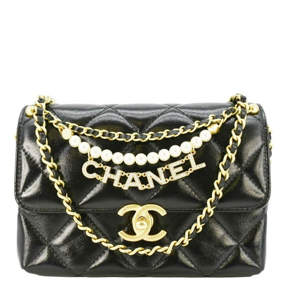 Pre-Owned CHANEL CC Pearl Quilted Leather Chain Crossbody Bag Black