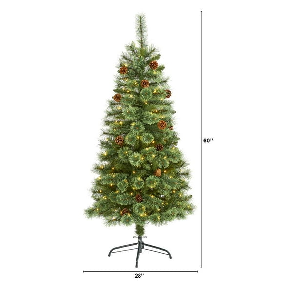Nearly Natural 5ft. White Mountain Pine Artificial Christmas Tree with 200 Clear LED Lights and Pine Cones