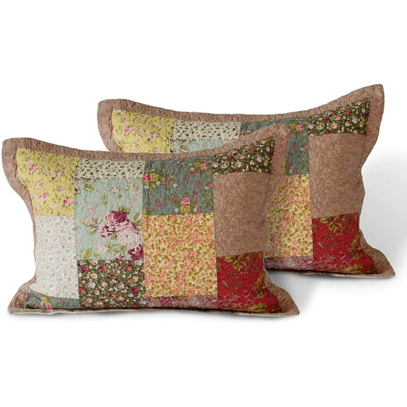KASENTEX Supreme Boho Cotton Sham with Decorative Floral Print Patchwork Design, Two Standard Shams 20x26, Boho-Royal Garden