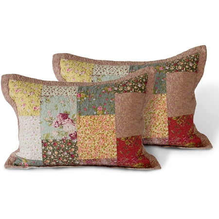 KASENTEX Supreme Boho Cotton Sham with Decorative Floral Print Patchwork Design, Two Standard Shams 20x26, Boho-Royal Garden