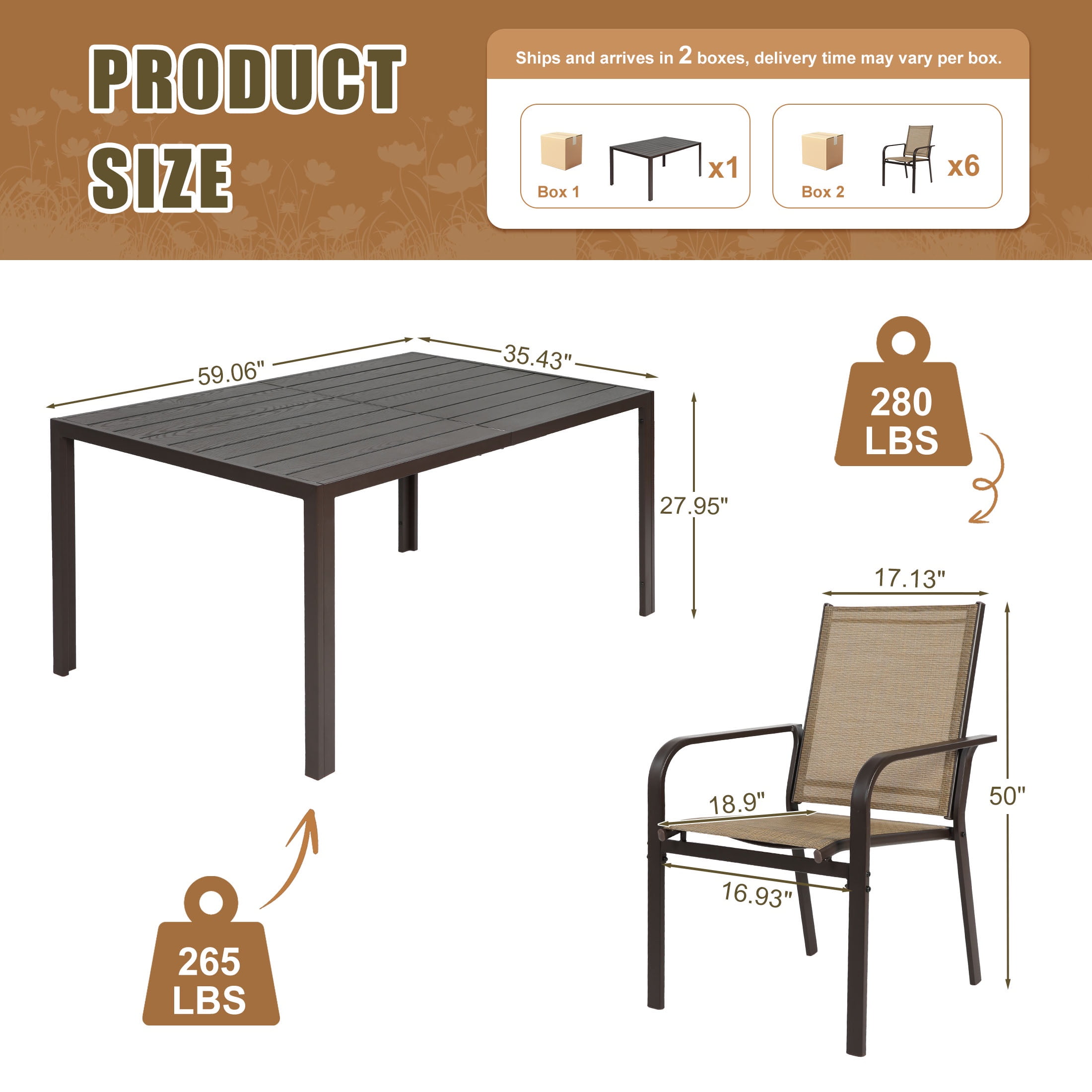 7 Piece Outdoor Dining Set, Patio Dining Table Set for 6 Persons, Garden Patio Textilene Dining Furniture Set with Plastic-Wood Tabletop, Dining Table Chairs Conversation Set for Deck Patio