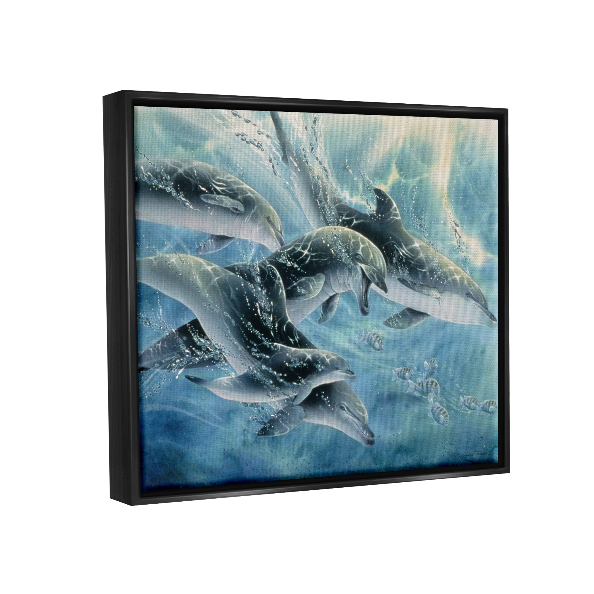 Stupell Industries Playful Passage Dolphins Swimming Coastal Painting Black Floater Framed Art Print Wall Art