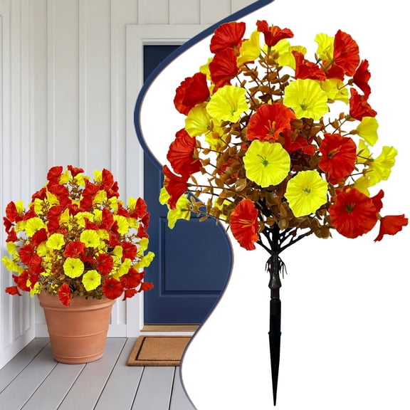 Artificial Fall Morning Glory Flowers With Ground Stake, Orange Red Yellow Autumn Garden Flower Decor For Yard Patio Porch Cemetery Thanksgiving