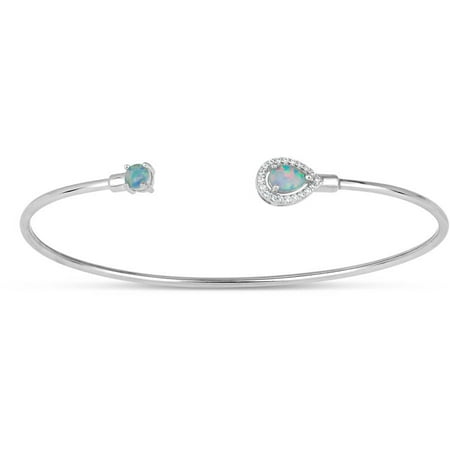 Created Opal and CZ Sterling Silver Rhodium-Plated Oval Ends Bangle
