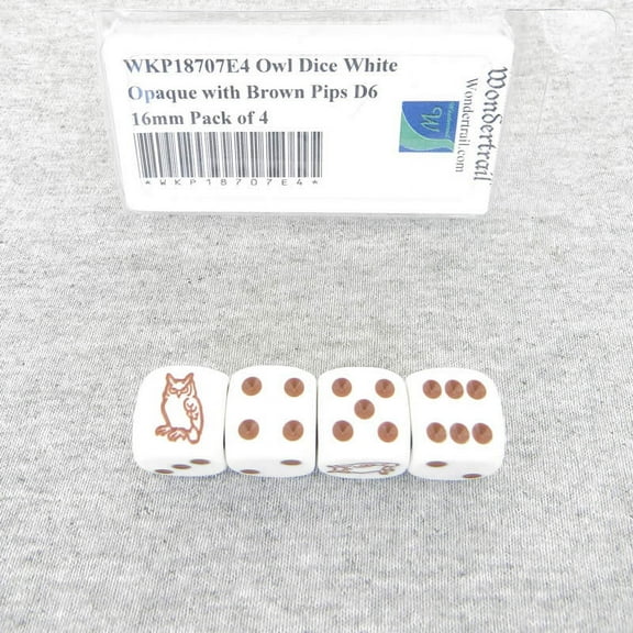 Owl Dice White Opaque with Brown Pips D6 16mm (5/8in) Pack of 4 Wondertrail