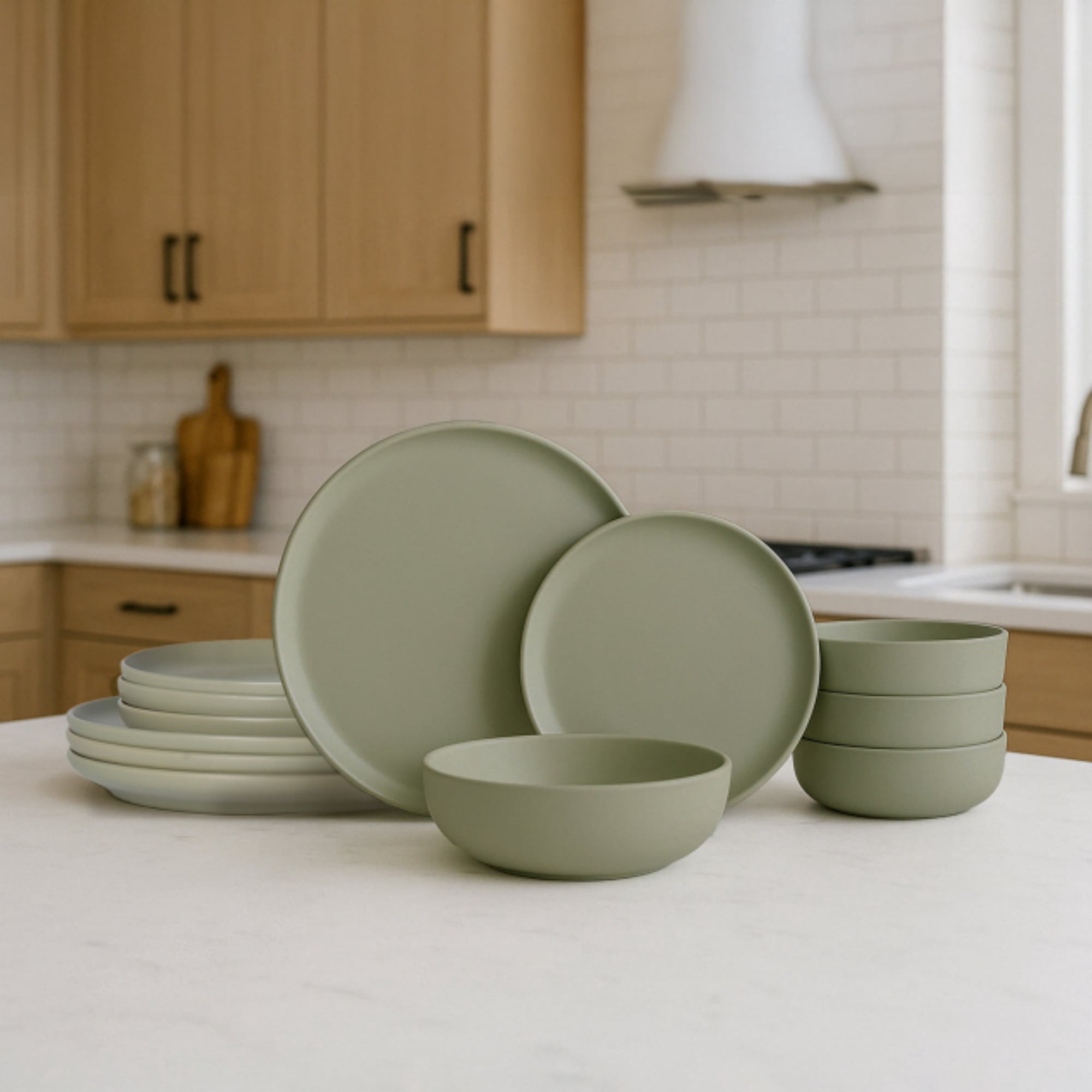 GARITIN 12-Piece Stoneware Dinner Plates Salad Plates Cereal Bowls Set, Microwave Dishwasher Safe Chip Resistant Stackable Matte Glaze Kitchenware Service for 4 Family Dining, Green