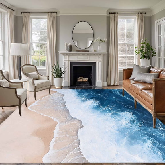 5'x7' Area Rugs, Navy Blue Coastal Indoor Outdoor Area Rug for Living Room Bedroom, Summer Beach Nautical Beige Washable Bathroom Rugs Kitchen Floor Carpet Mats Home Decor Aesthetic