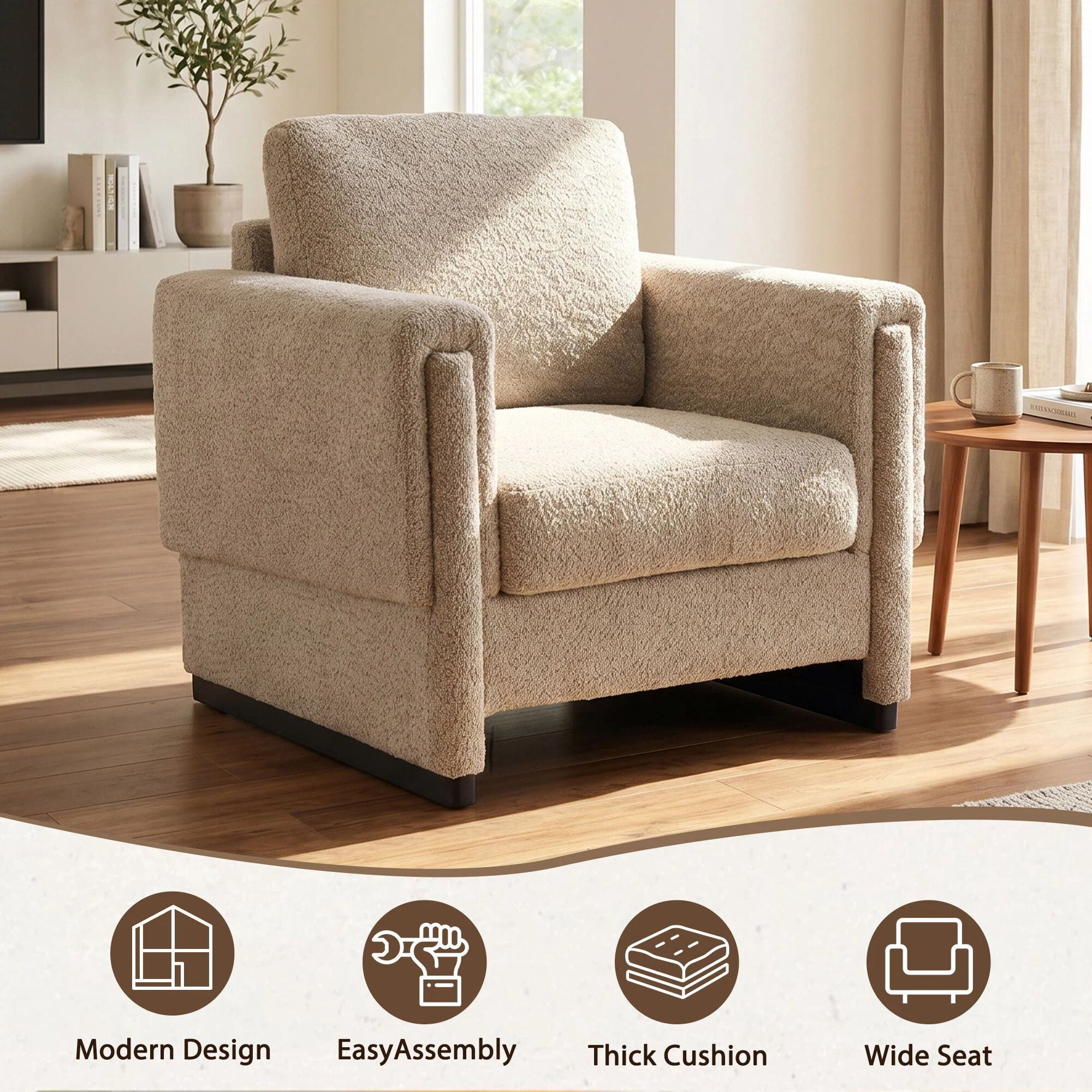 Euroco Modern Upholstered Accent Chair with Armrests, Boucle Fabric Armchair Comfy Reading Chair with Solid Wood Legs & Thick Cushion, Square Arm Club Chair for Living Room Bedroom Office,Brown