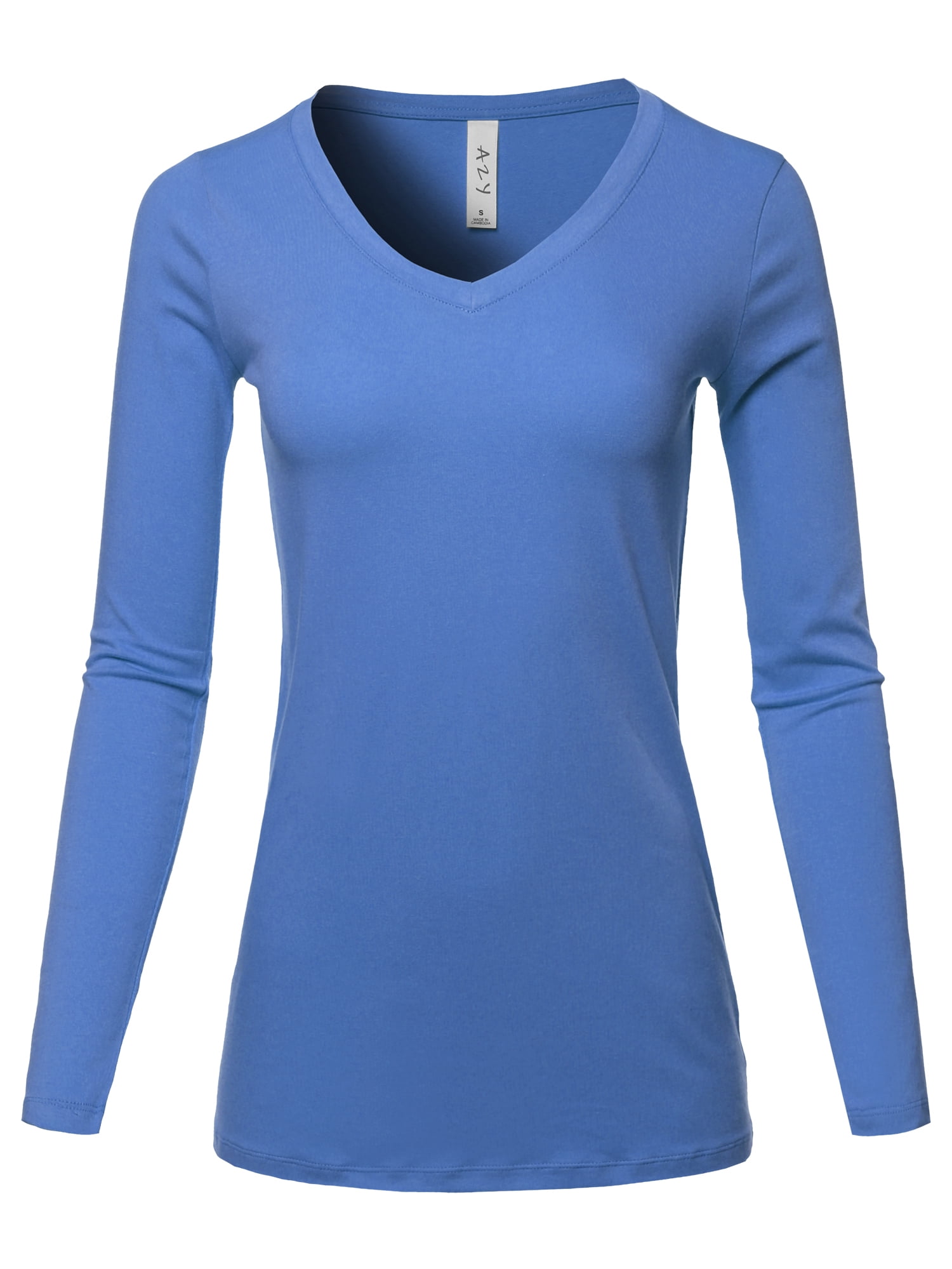 A2y Womens Basic Solid Soft Cotton Long Sleeve V Neck Top T Shirt Blue Mist M 