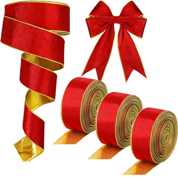 Tutuviw Velvet Christmas Wired Ribbon 2.5 in Wide*5 Yard/Roll Red and Gold Ribbon for Christmas Tree Wreaths Gift Wrapping Bows Gralands Home Decor Crafts (3 Rolls)