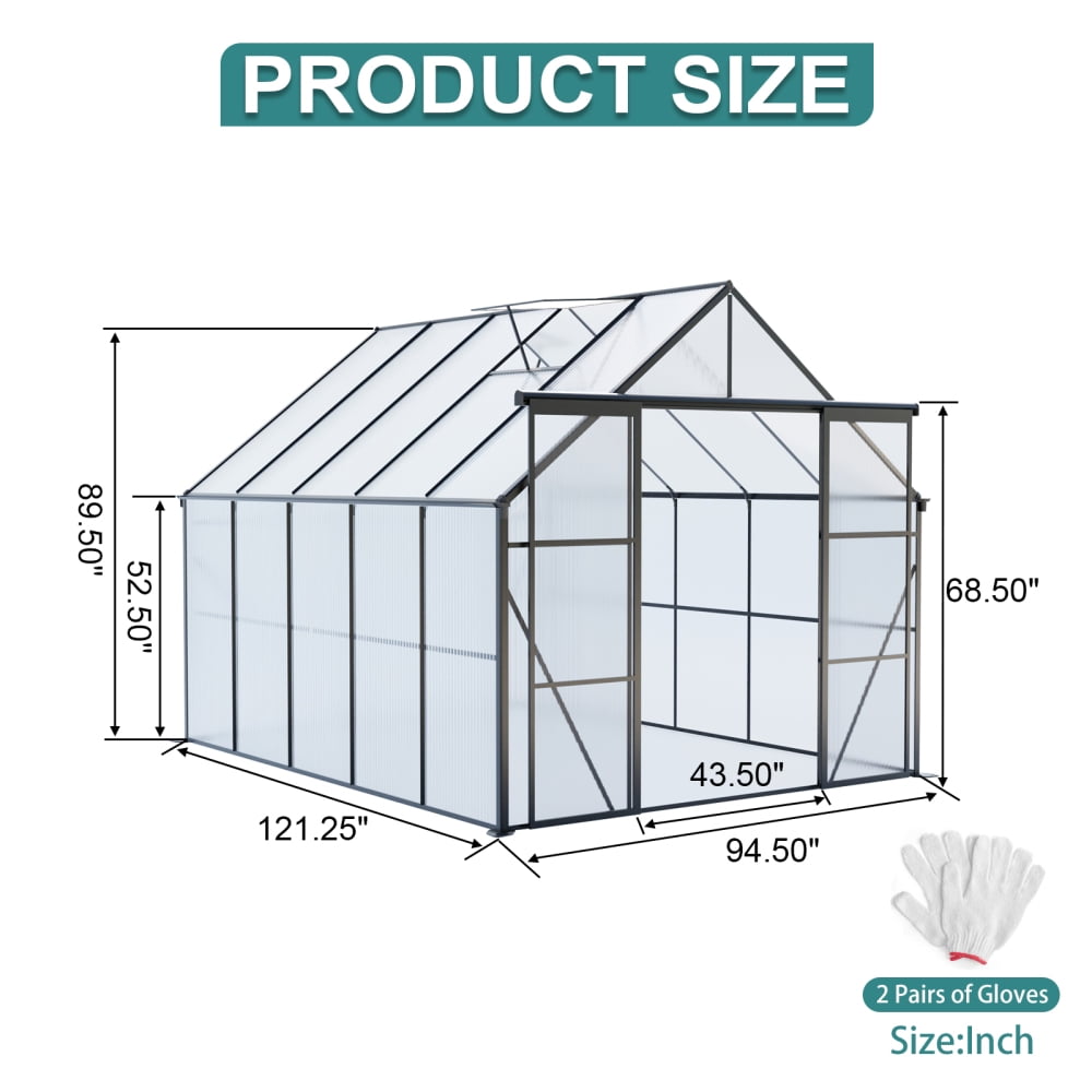 8x10FT Double Door Polycarbonate Greenhouse - Heavy-Duty Walk-In Design with Raised Base and Anchors. Perfect for Year-Round Gardening in Your Backyard. Stylish Black Finish for Every Season