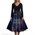 thumbnail image 5 of Women's Casual Dress Long Sleeve V-Neck New Year Printed Vintage Loose Fit Midi Dress for Spring Fall Holiday,Royal Blue,L, 5 of 6