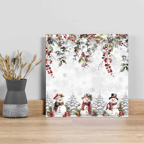 Christmas Snowman Wall Art Painting on Canvas, Xmas Snowflake Berry Botanical Canvas Art Home Prints Wall Art Framed Modern Artwork for Living Room Bedroom Wall Decor 12x12in