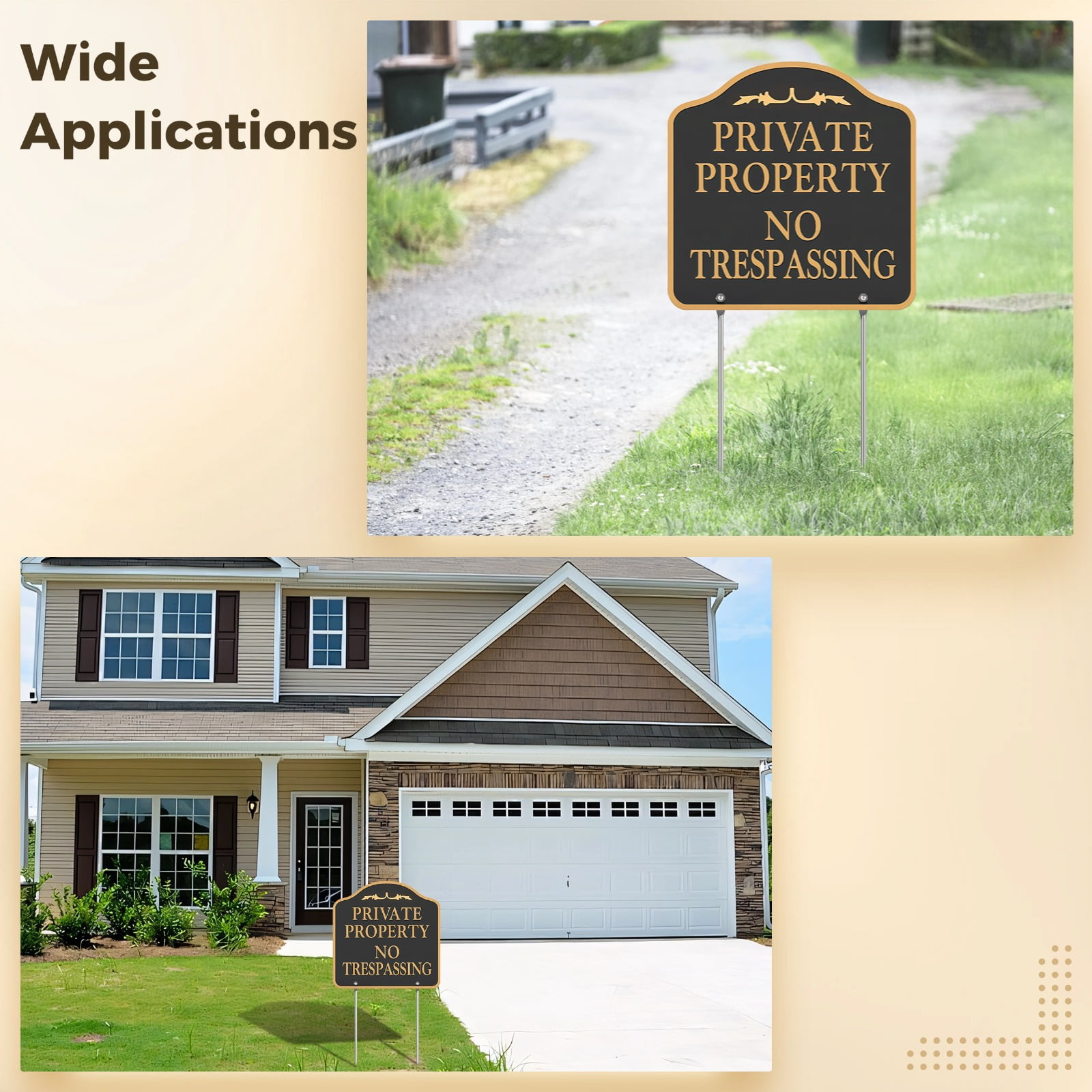 Private Property No Trespassing Sign 2 Pack, 11 x 11 in Metal Signs with Poles and Mounting Kit, Long-Lasting Aluminum with Black Background and Gold Lettering, Weatherproof No Trespassing Yard Signs