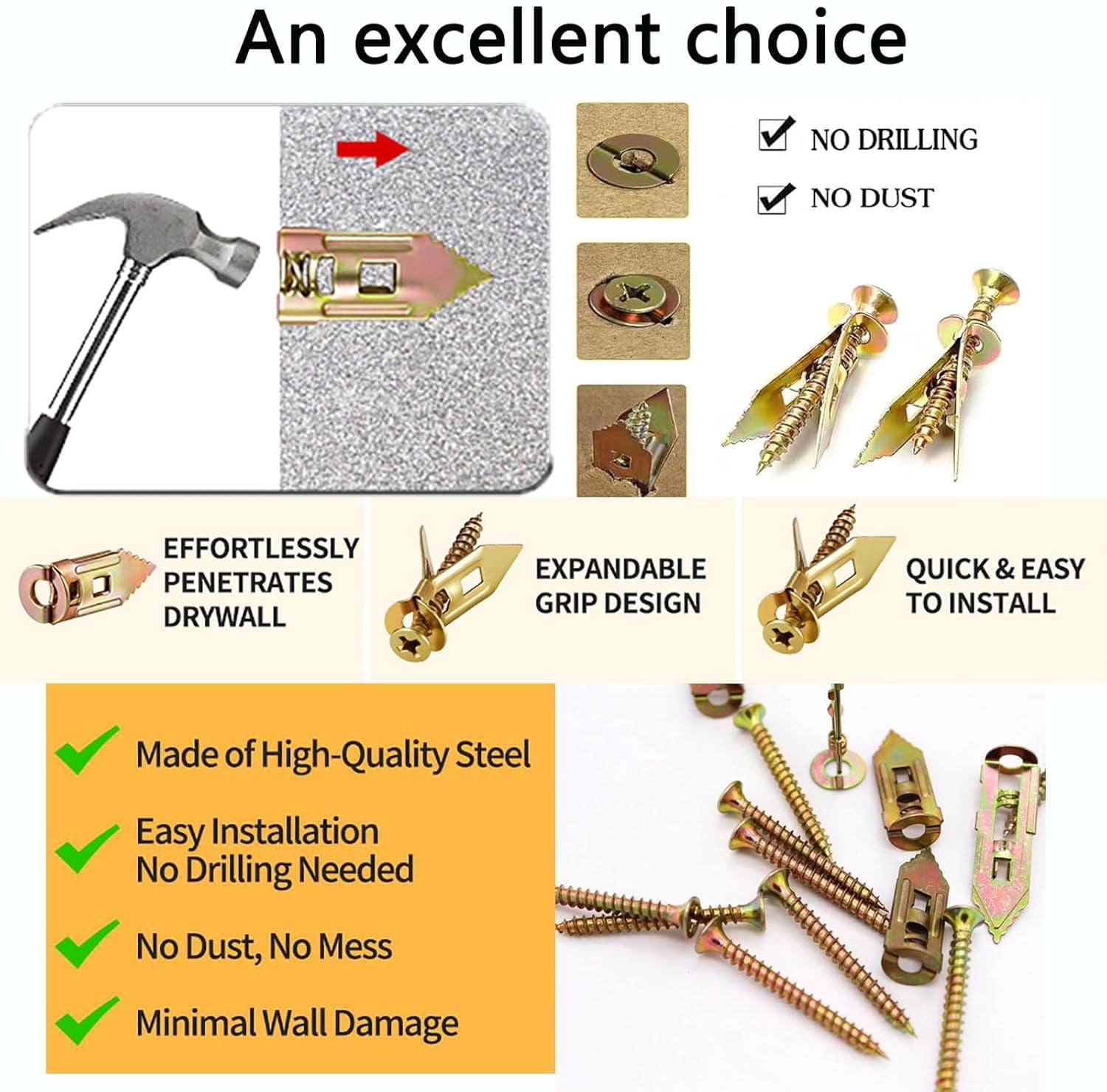 170Pcs Self Drilling Drywall Anchors with Screws Kit,Zinc Plated Steel,3 Sizes Expansion Screws and 2 Sizes Wall Anchors.No Drill Hole Needed for Mounting TV,Shelf,Mirror,Cabinet,Picture Frames