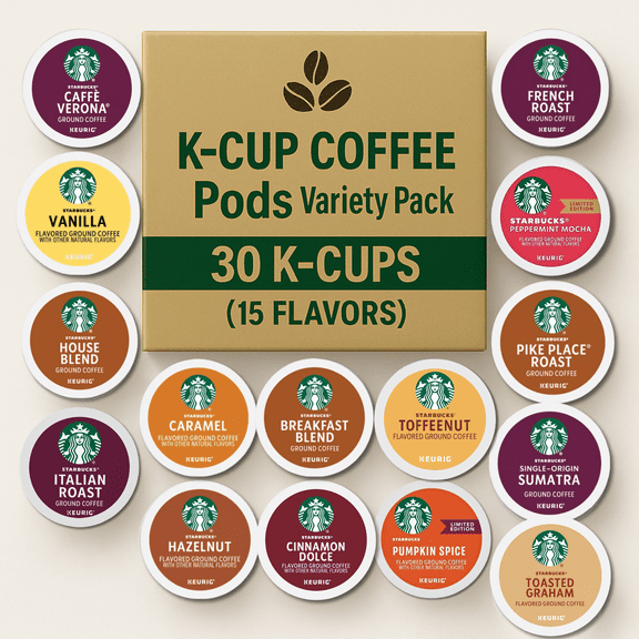 Starbuck Coffee Pods Variety Pack –30 Count with Recipe eBook - Flavored Coffee: Hazelnut, Caramel, French Vanilla, Pumpkin Spice, Cinnamon Dolce, Toasted Graham,Medium & Dark Roast K Cups for Keurig