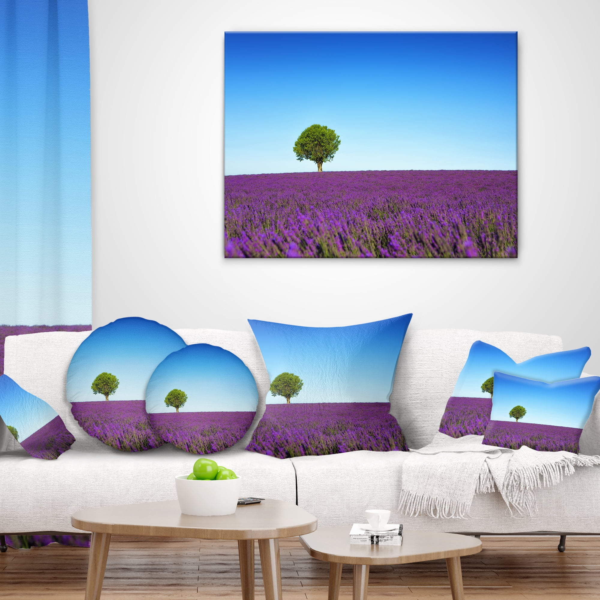 Designart Green Tree among Lavender Flowers - Landscape Wall Throw Pillow - 16x16