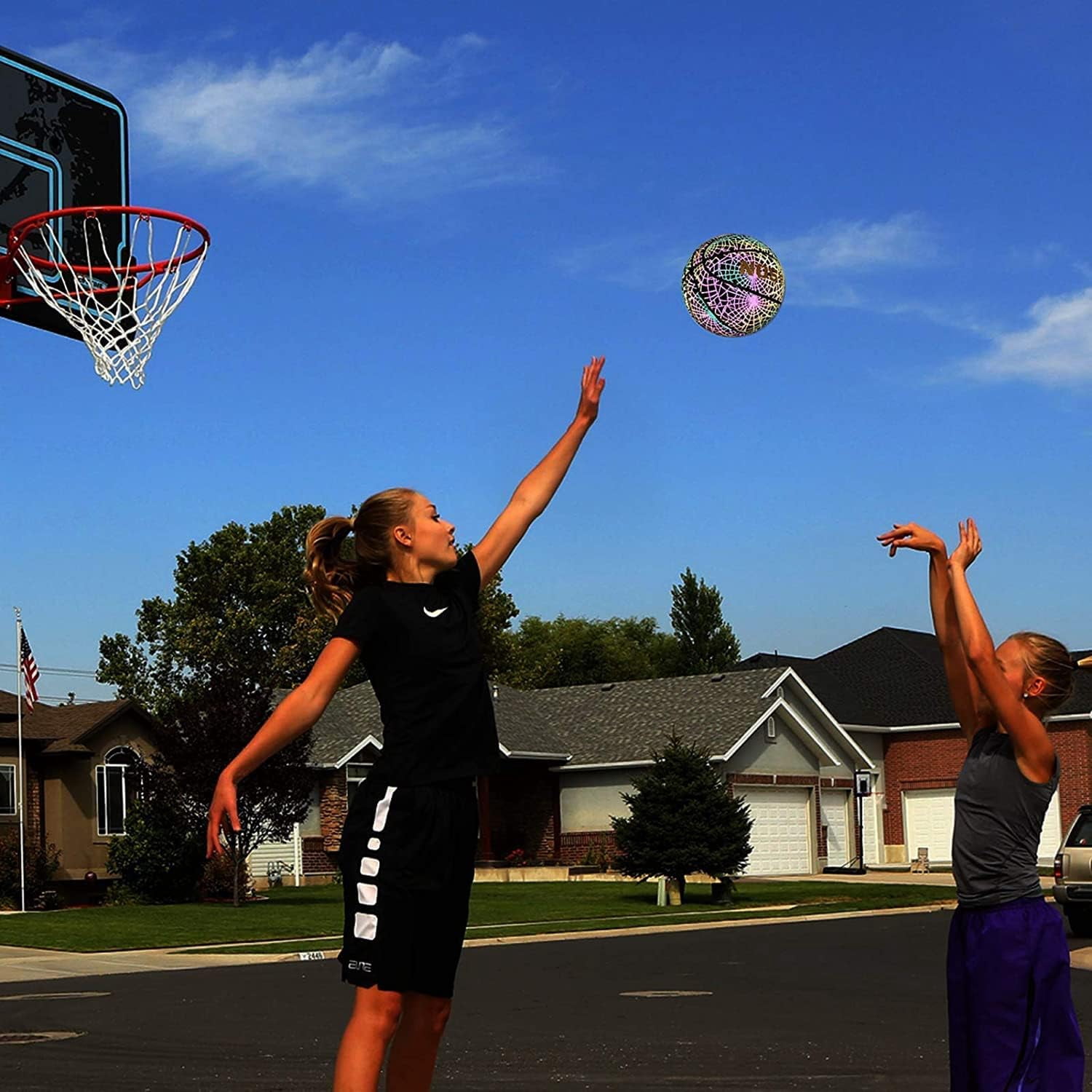 Basketball, Holographic Basketball Size 5 (27.5") & Size 6 (28.5") & Size 7 (29.5") for Kids & Adults, Reflective Glowing Leather Basketball, Indoor Outdoor Basketball Gifts for Boys Girls