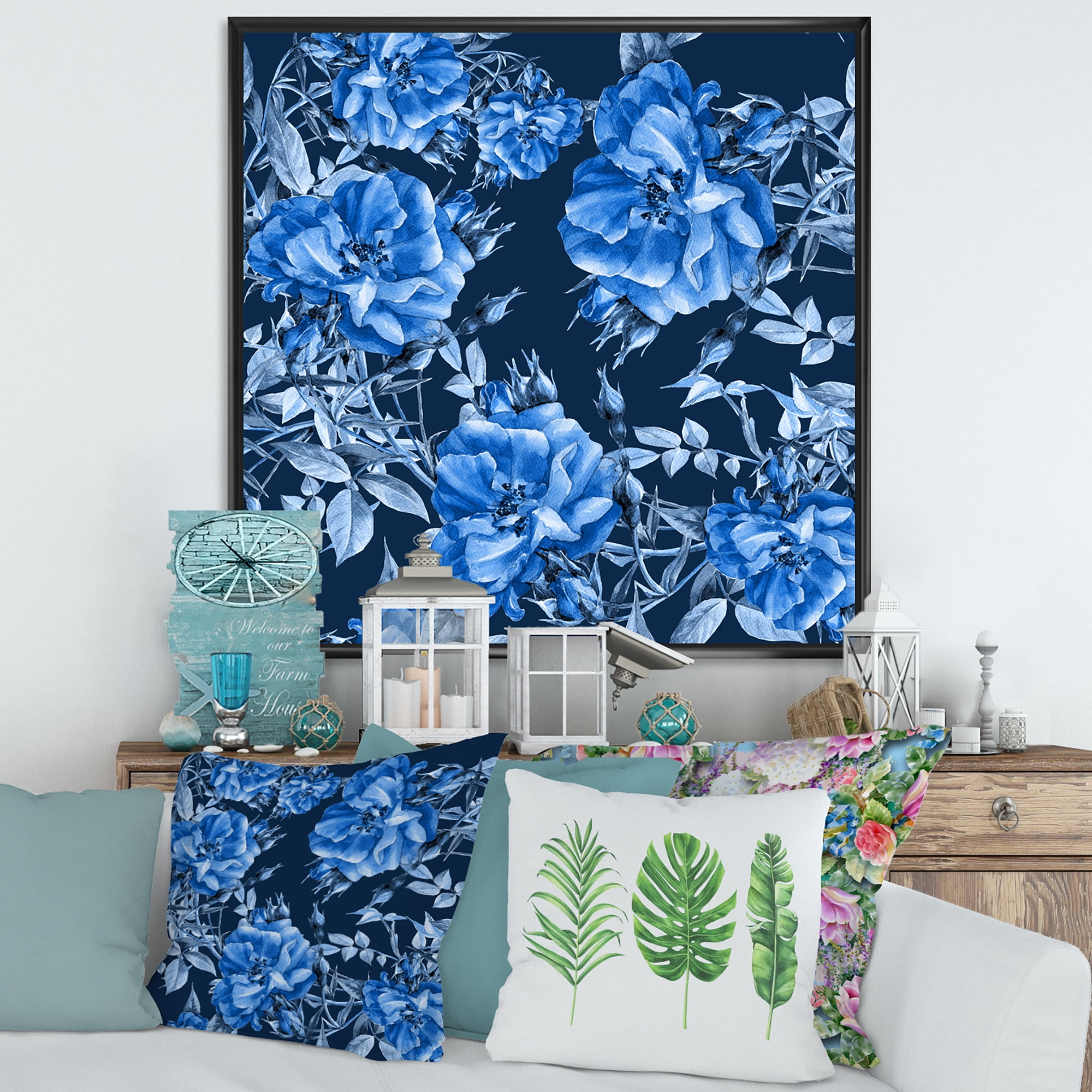 Abstract Blue Wildflowers 16 in x 16 in Framed Painting Canvas Art Print, by Designart