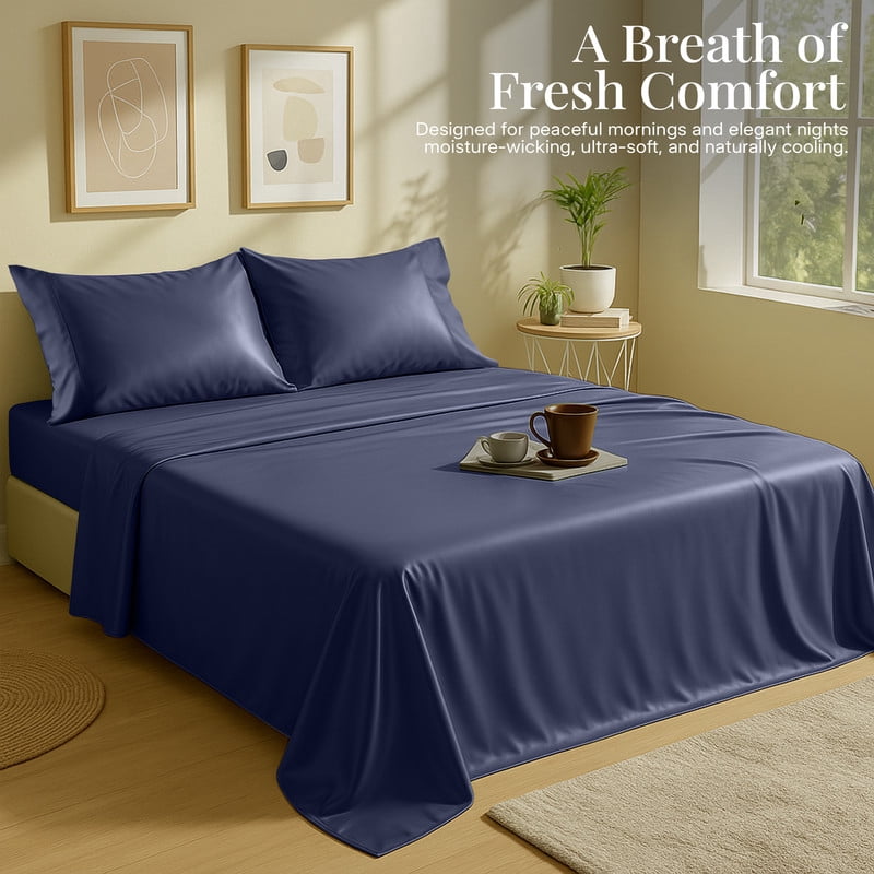 Lux Decor 100% Organic Viscose from Bamboo Sheets Set King - 4 Piece Ultra-Soft Luxury Cooling Bed Sheets, 16" Deep Pocket, Breathable & Hypoallergenic - Navy Blue