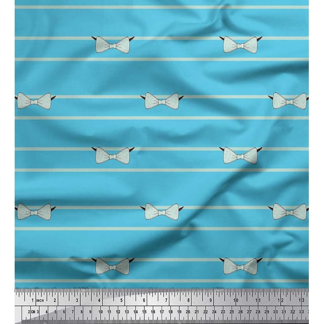 Soimoi Blue Modal Satin Fabric Bow & Stripe Decor Fabric Printed Yard 42 Inch Wide
