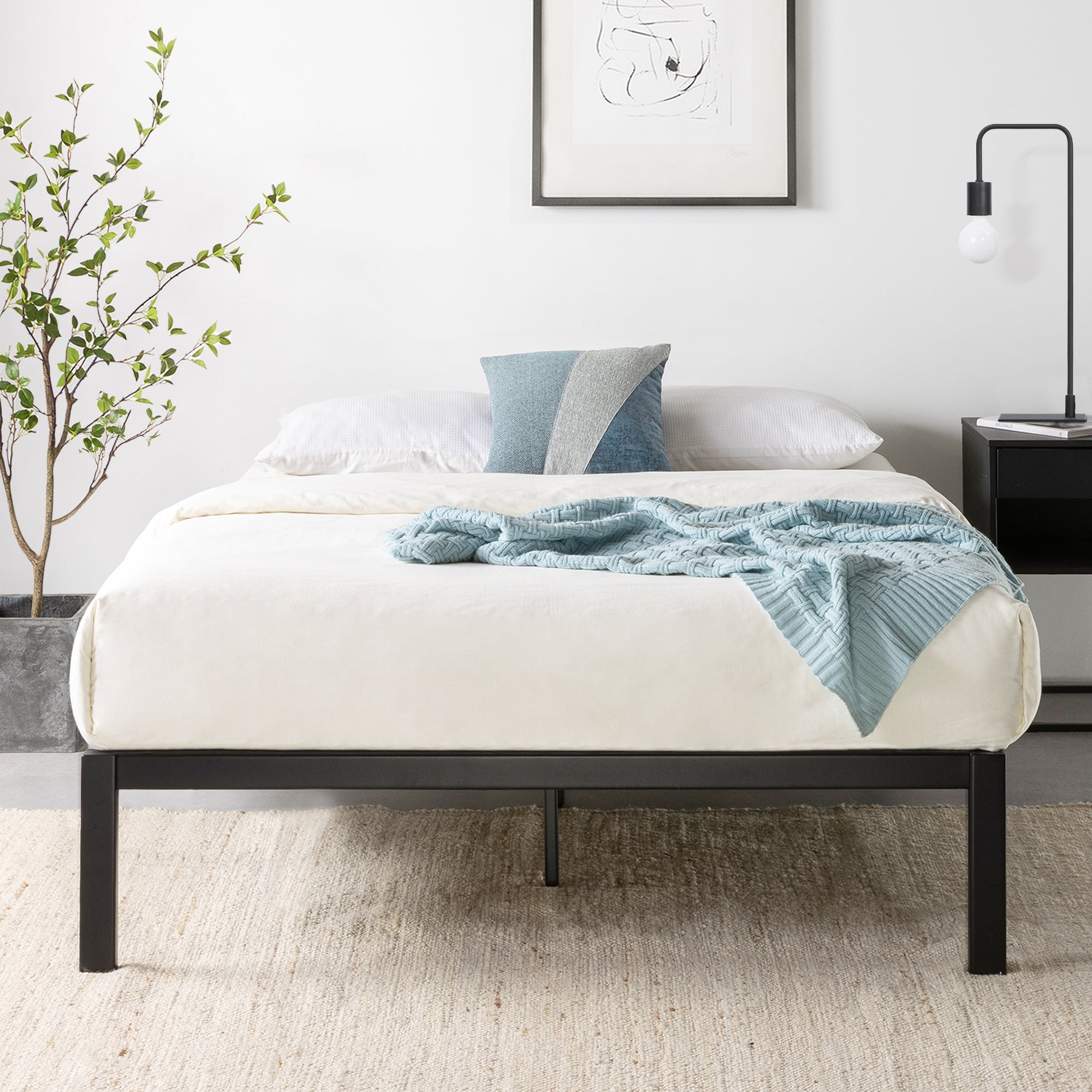 Mellow Rocky Base C Metal Platform Bed, Patented Wide Steel Slats, Black, Full