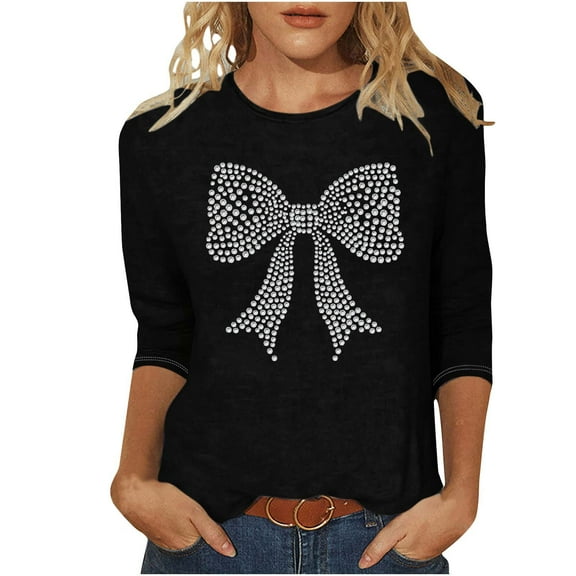 Cute Valentines Shirts for Women Fashion Rhinestone Bowknot Print Tee Dressy Casual 3/4 Sleeve Tops