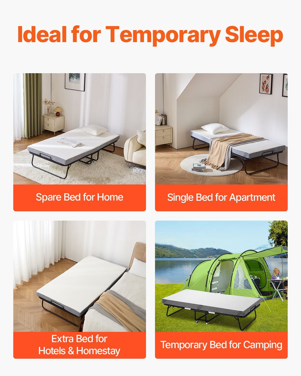 Portable Rollaway Bed for Adults, Twin 38"x75" Foldable Frame with 4 Inch Memory Foam Mattress, Space-Saving Guest Sleeping Solution