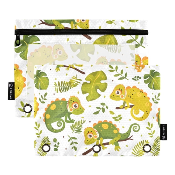 Cute Chameleon and Leaves 2 Pack Pencil Pouch for 3 Ring Binder Smooth Zipper Folders with Pockets Clear Window Pencil Case