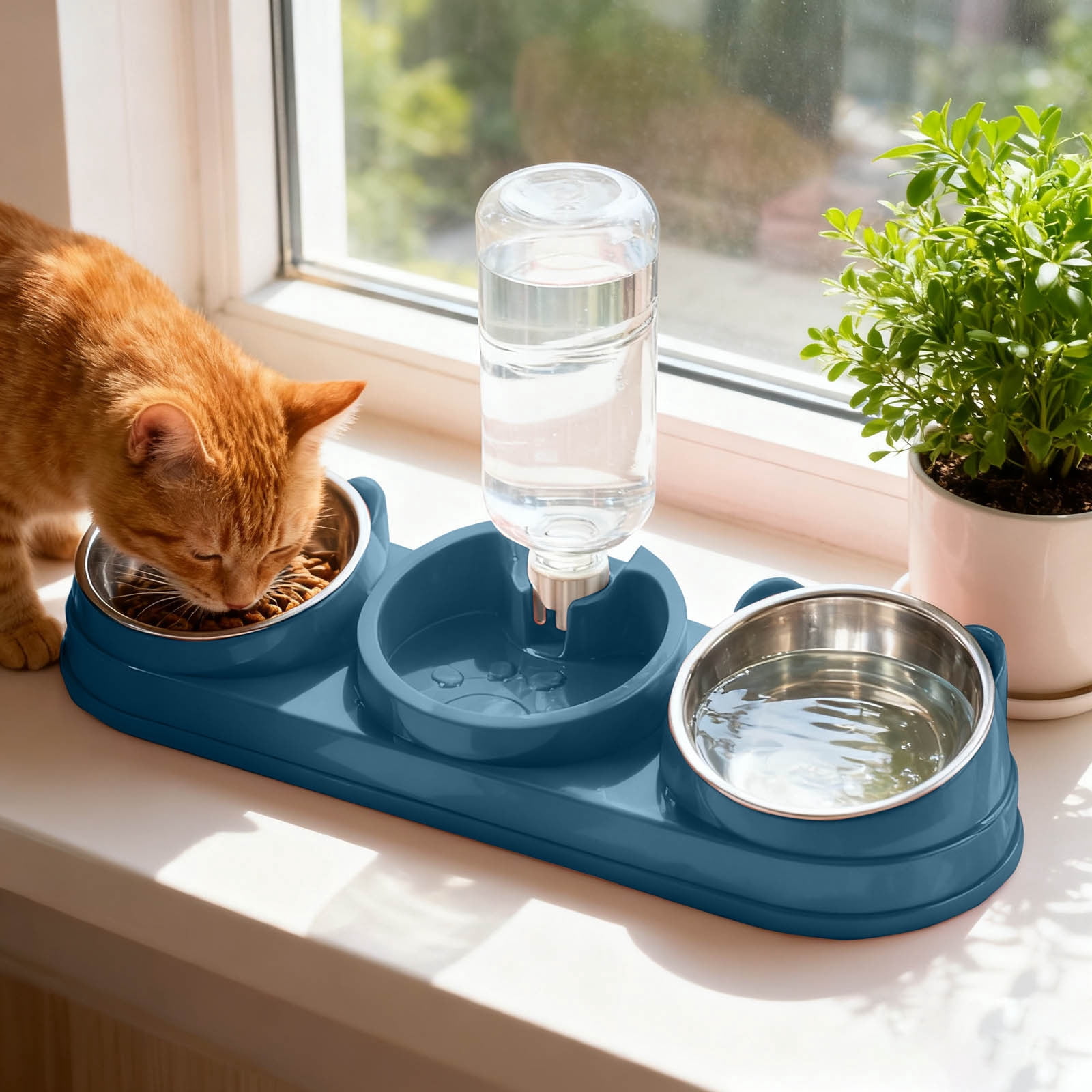 15Â° Raised Triple Cat Bowls Set Stainless Steel Pet Feeder with 16.9oz/500ml Automatic Water Dispenser Non- Food Water Bowl for Small Dog Rabbit Indoor Pet Blue