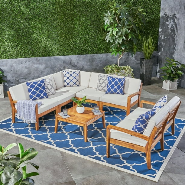 Christopher Knight Home Grenada Outdoor Acacia Wood 7 seater Sectional Set by teak red cushion Walmart Business Supplies