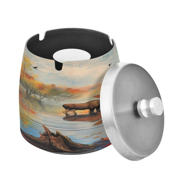 Outdoor Ashtray with Lid for Cigarette Stainless Steel Smokeless Ash Tray for Patio Home Table Decor Moose Standing in Water