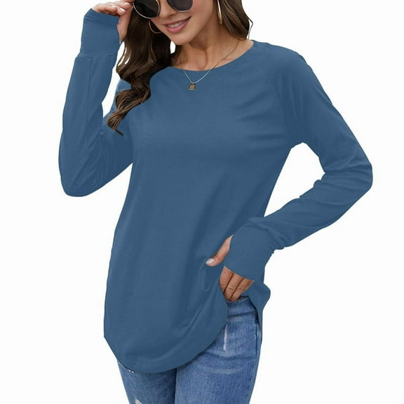 Womens Trendy Fall Tops Oversized Long Sleeve Thumb Holes Shirts Casual Crewneck Loose Fit Fashion Clothes Navy Blue M