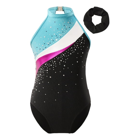 TiaoBug Kids Girls Sleeveless Dance Gymnastics Leotards with Hairband Sparkly Figure Ice Skating Ballet Dancewear Lake Blue 14