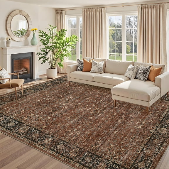 ZACOO 8'x10' Vintage Machine Washable Area Rug, Distressed Floral Border Stain Resistant Pet Friendly Low Pile Non Slip Carpet for Bedroom Game Room Living Room, Brown