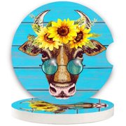 Car Coasters Pack of 2, Fun Sunflower Cow Design Absorb Condensation for Protect The Car Cup Holder and Keep Your car Clean, Small 2.56" Diameter, Easy Removal of Auto CupholderBlue Cow