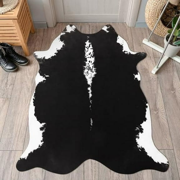 Small Cowhide Rug Black, Faux Cow Hide Rugs for Entryway Kitchen Hallyway Western Home Decor, Non Slip Cute Rug with Irregular Animal Skins and Hides, 2.3 x 3.6ft