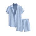 thumbnail image 2 of Men's Summer 2-Piece Set, Solid Color Jacquard Short Sleeve Button-Down Lapel Shirt and Shorts, Lightweight Casual Outfit For Vacation and Beach,Sky Blue,M, 2 of 6