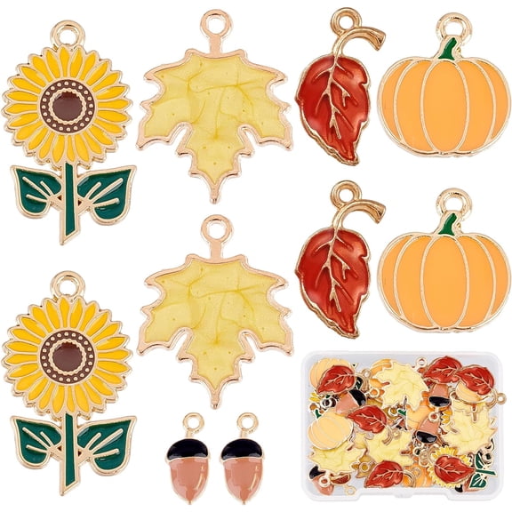 1 Box 40Pcs 5 Styles Sunflower Charms Enamel Leaf Maple Leaves Pine Cones Charm Pumpkin Alloy Charms for Jewelry Making Charm Thanksgiving Fall Autumn Necklace Earring Supplies Mixed Color