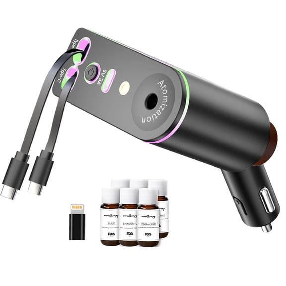 Retractable Car Charger 5 in 1 power adapter, starlight car charger with Car Aromatherapy, 45W car phone charger USB C Fast Charging for iPhone 16 15 14 & Android