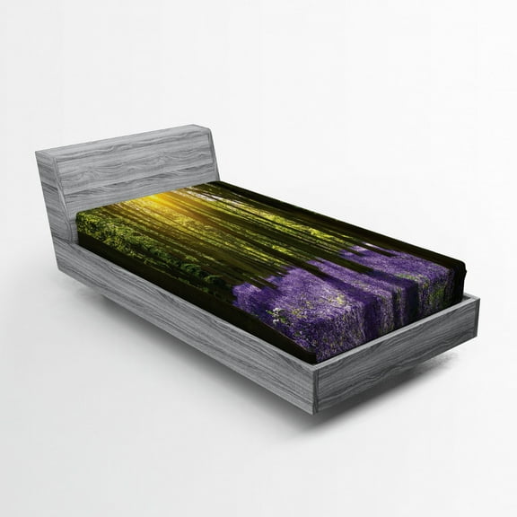 Ambesonne Woodland Fitted Sheet, Bluebell Blossoms, Twin XL Size, Violet Green Yellow