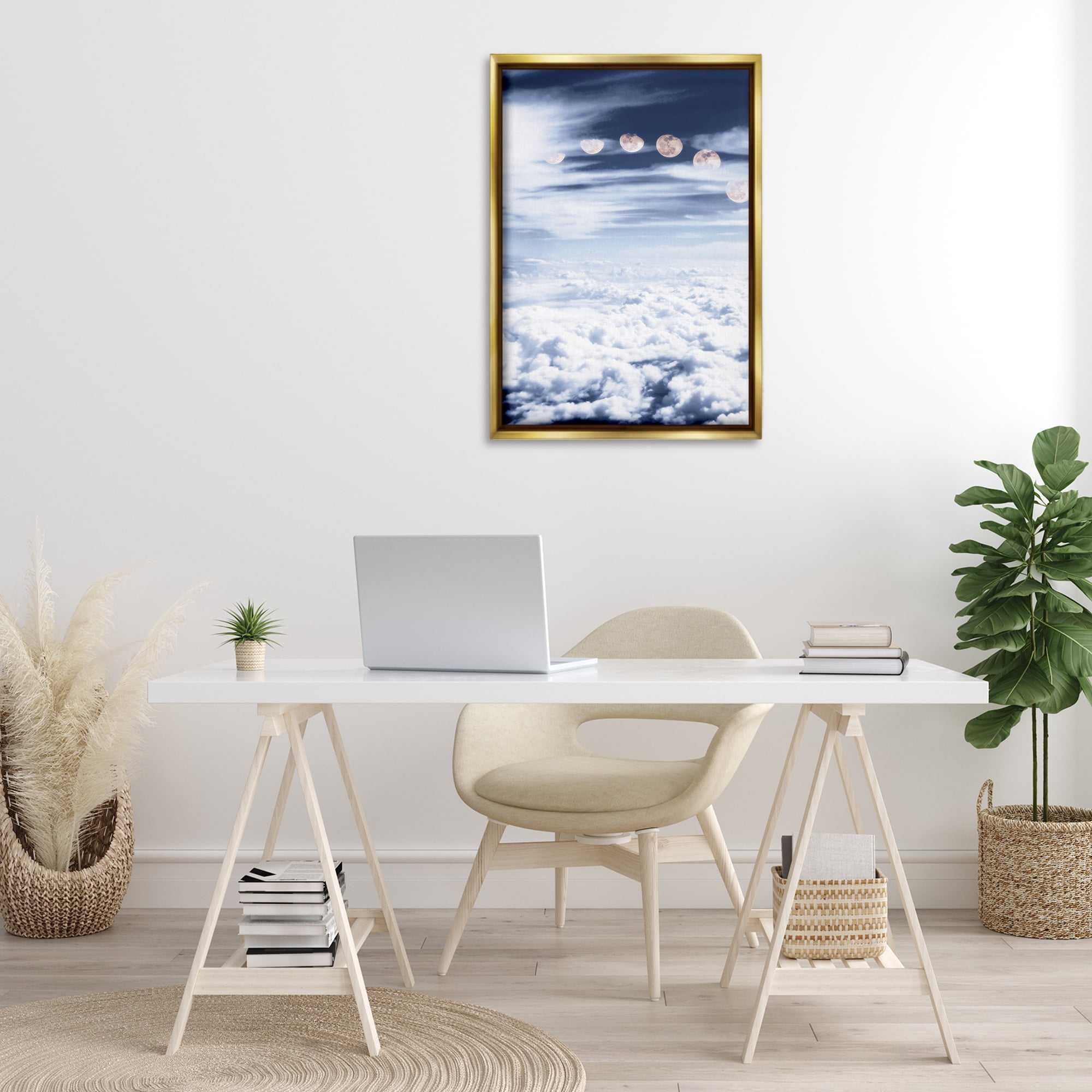 Stupell Industries Moon Phases Over Clouds Landscape Painting Gold Floater Framed Canvas Art Print Wall Art, 21 x 31
