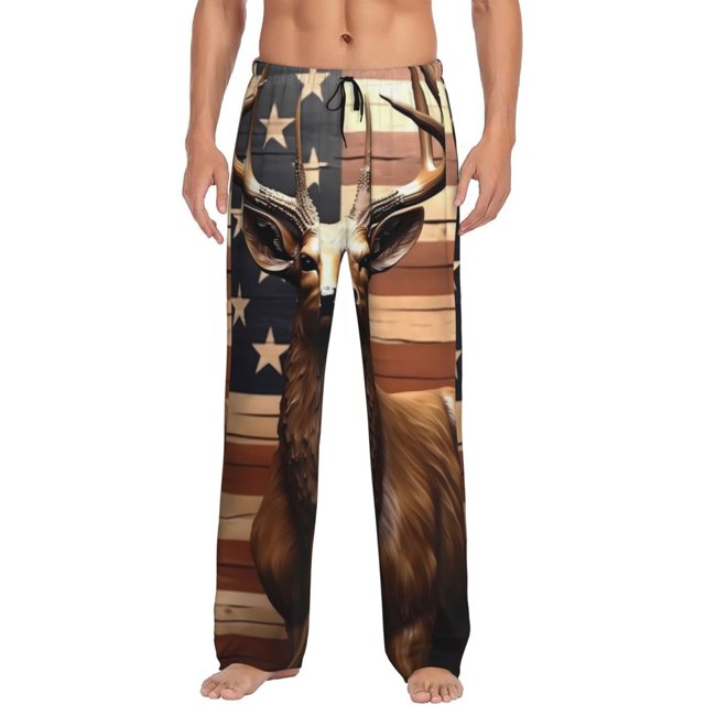 Balery Deer American Flag Vintage Pantalones de pijama para hombre, pijama ultraligero, pantalón de descanso-X-Large