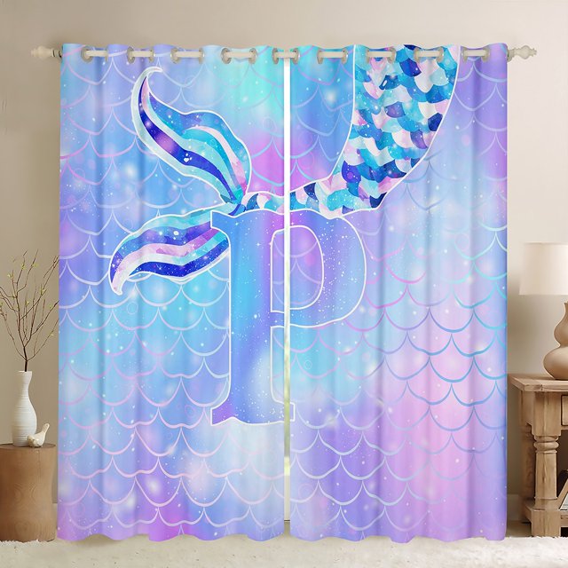 Erosebridal Rideaux Monogrammes pour Adolescents pour Salon, Kawaii Sirène 30 %-50 % Rideaux Occultants Ensemble de 2 (52x63), Décor Queue de Poisson Rêveur