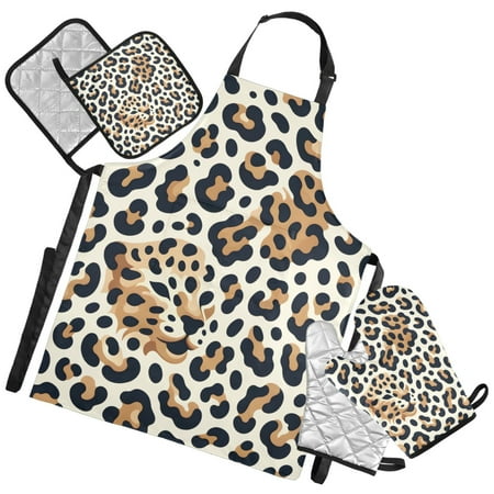Ryvnso Leopard Brown Kitchen Apron Oven Mitts Set Pot Holders