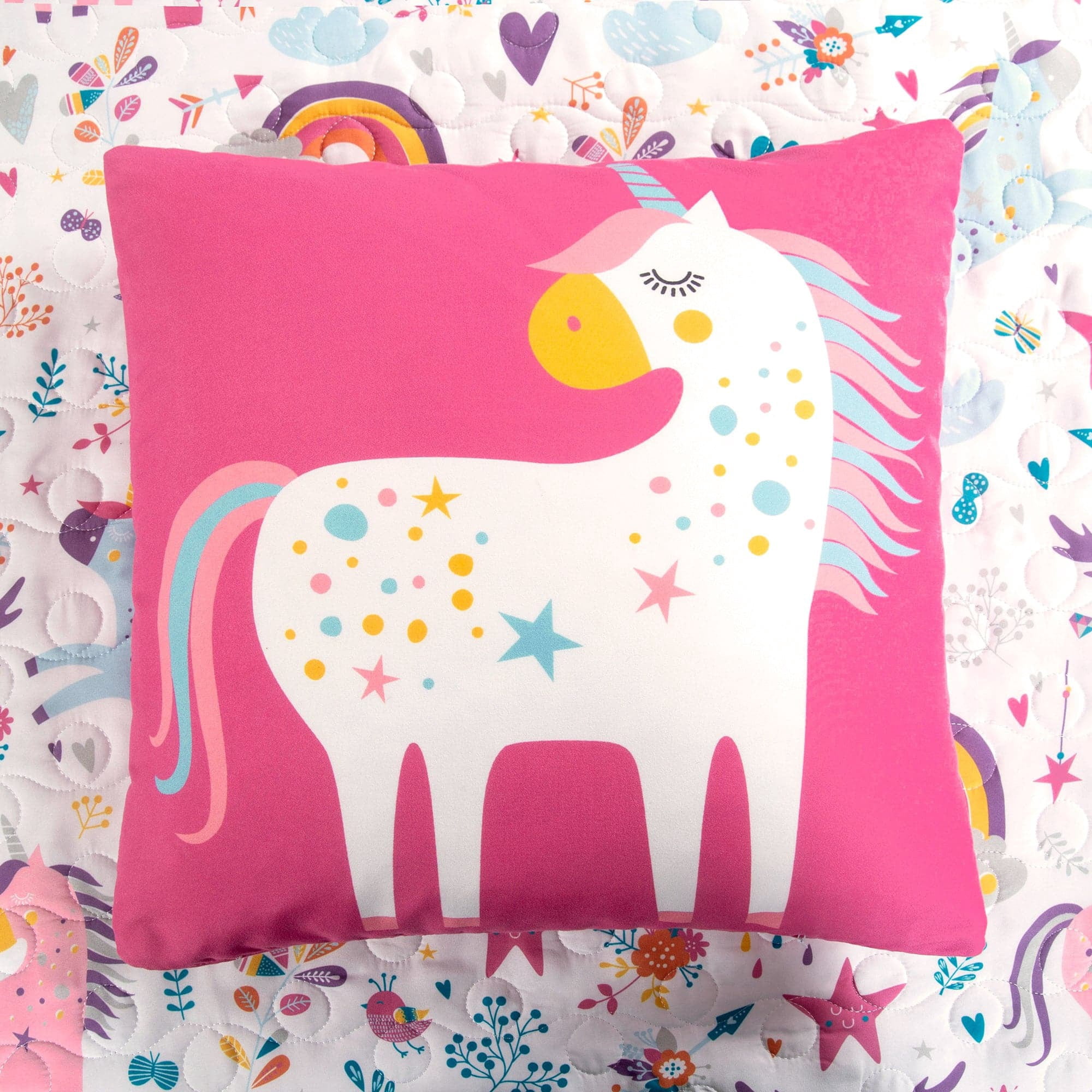 Lush Decor Unicorn Heart Kids Animal Print Polyester Reversible Quilt, Full/Queen, Navy/Multi, 5-Pc Set