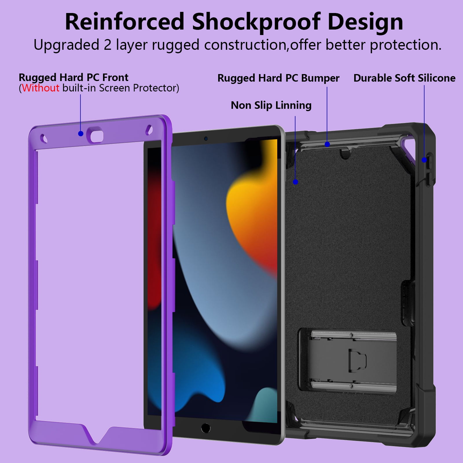 ELEHOLD Hybrid Rugged Case for iPad 9th/8th/7th Gen 10.2 2021/2020/2019, Heavy Duty Shockproof Case with Hidden Foldable Kickstand Adjustable Crossbody Shoulder Strap Pencil Holder,Black+Purple