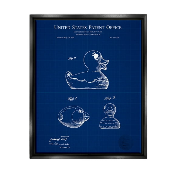 Stupell Industries Toy Duck Blueprint Patent Graphic Art Jet Black Floating Framed Canvas Print Wall Art, Design by Karl Hronek