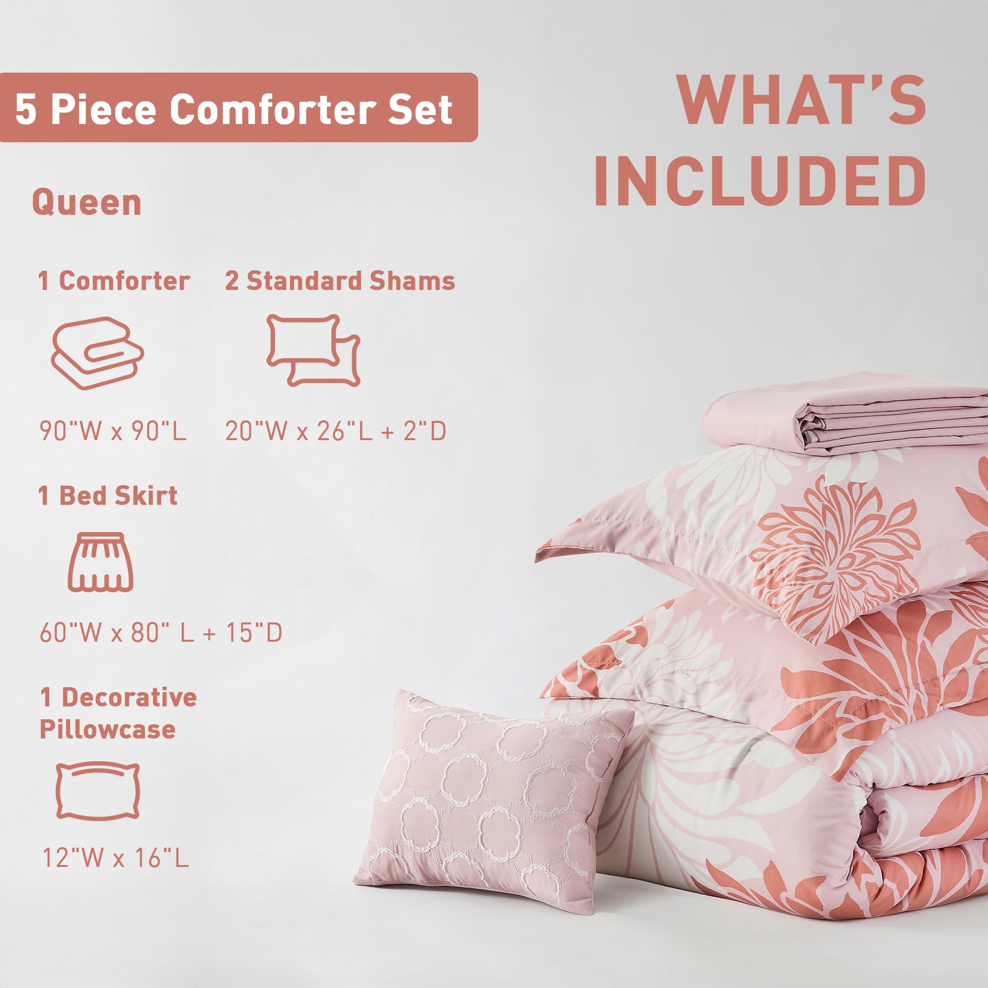 Regency Heights Queen Size Comforter Set, 5-Piece Floral Bedding Set for All Season, Pink Comforter Set Queen with Bed Skirt